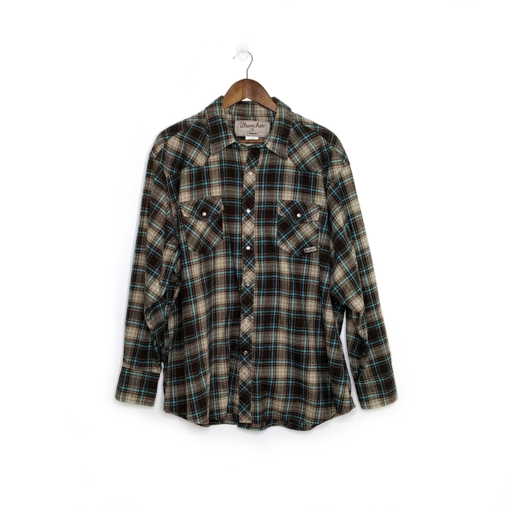 Wrangler Wrancher Brown and Blue Plaid Flannel Long Sleeve Button Down Shirt